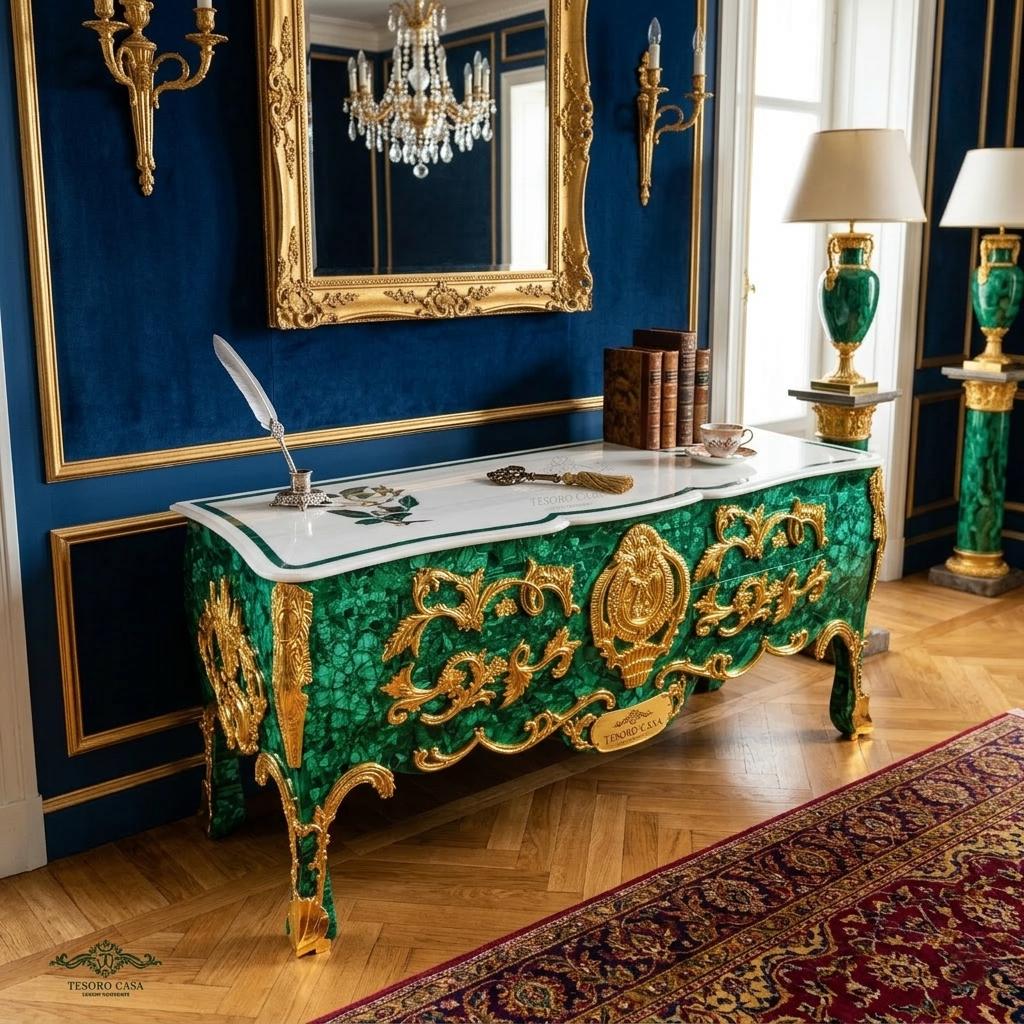 Malachite Luxury Console Table with Gold Platted