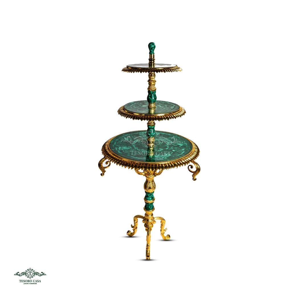 Handcrafted Malachite 3-Tier Decorative Serving Stand