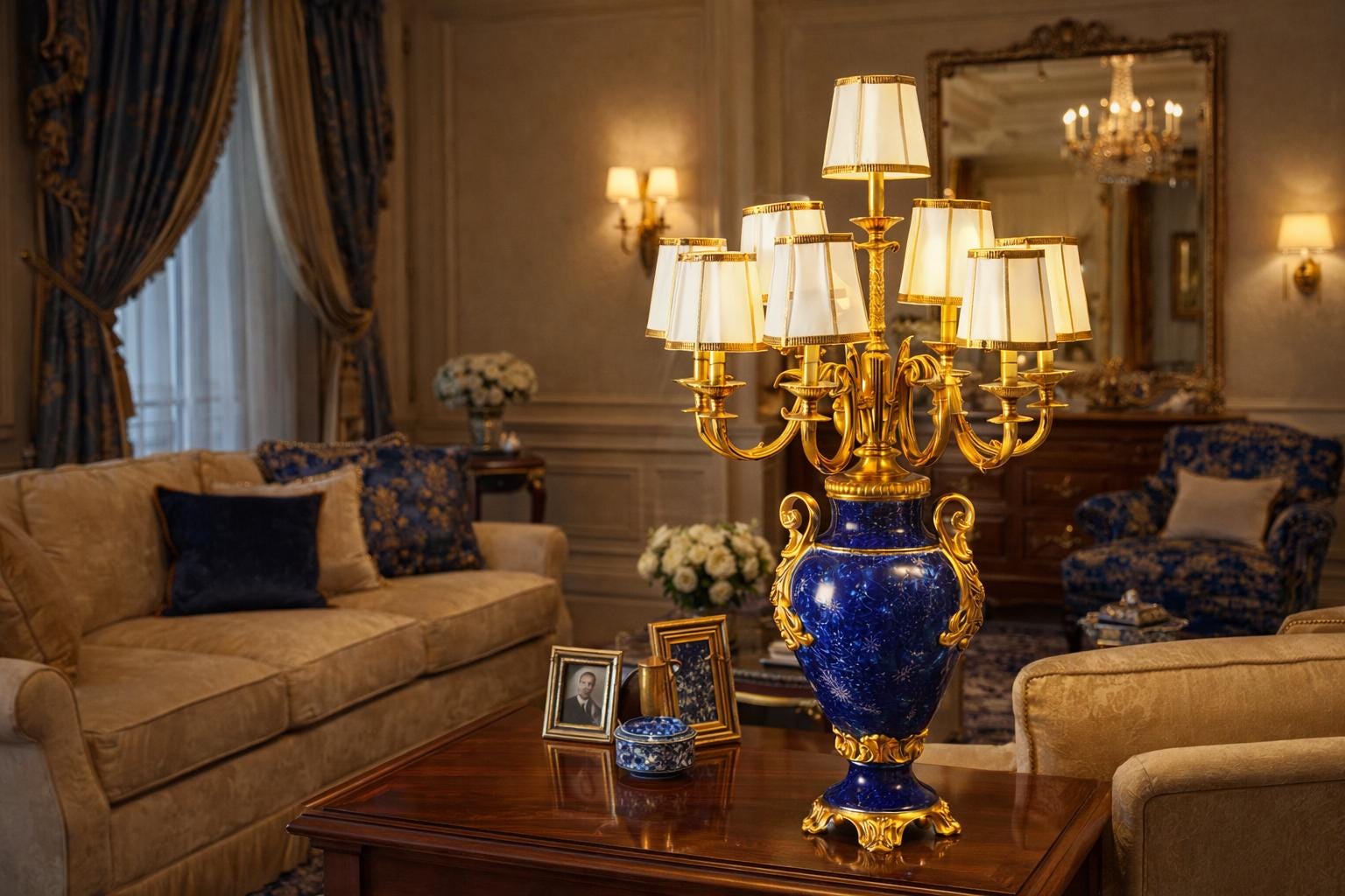 Grand Lapis Lazuli & Gold Eight-Arm Luxury Candelabra Lamp