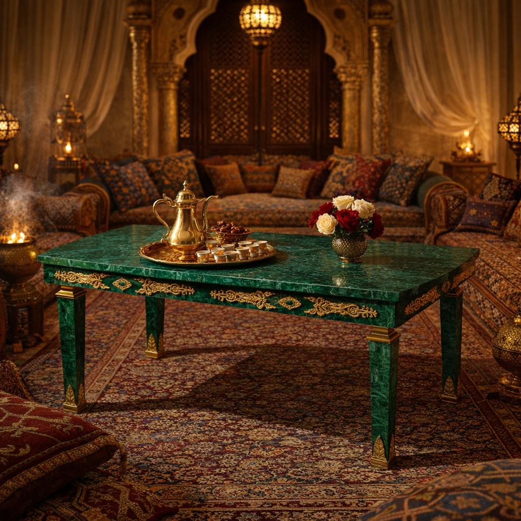 Malachite Majlis Centre Table with Brass Gold Plating