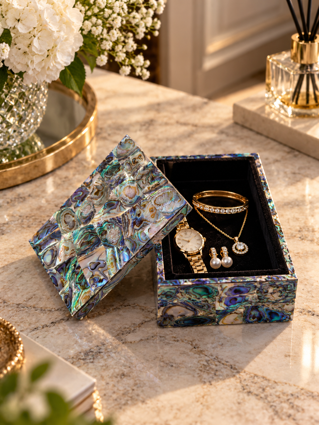 Handcrafted Abalone Shell Mosaic Decorative Storage Box