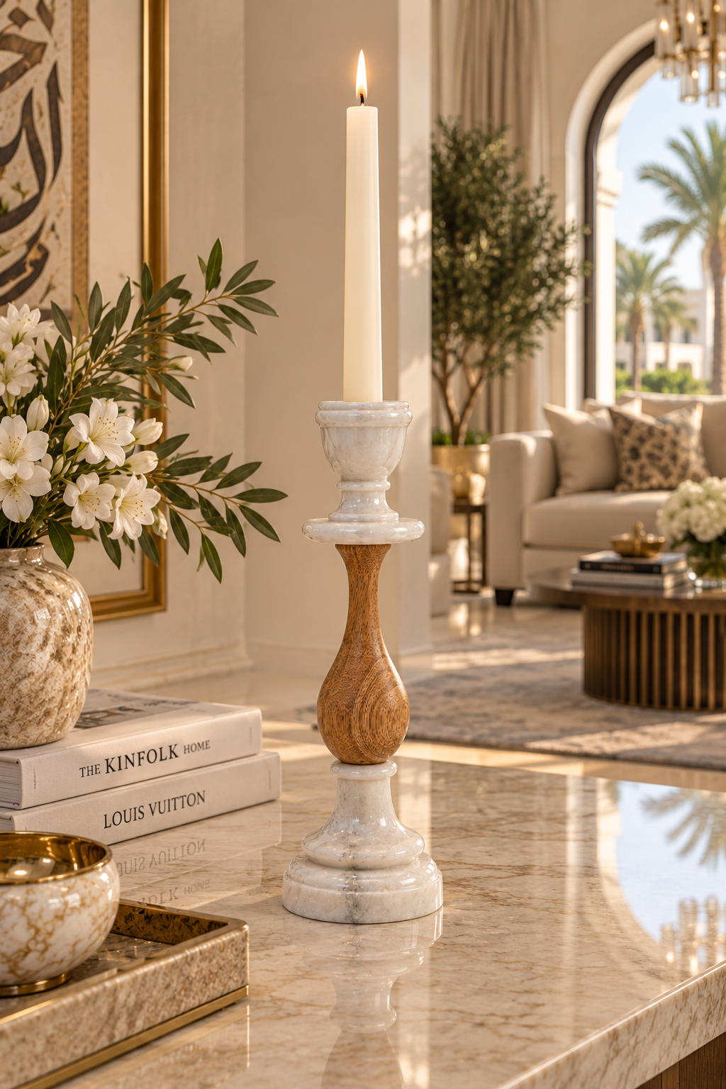 Luxury Marble & Wood Pedestal Candle Holder