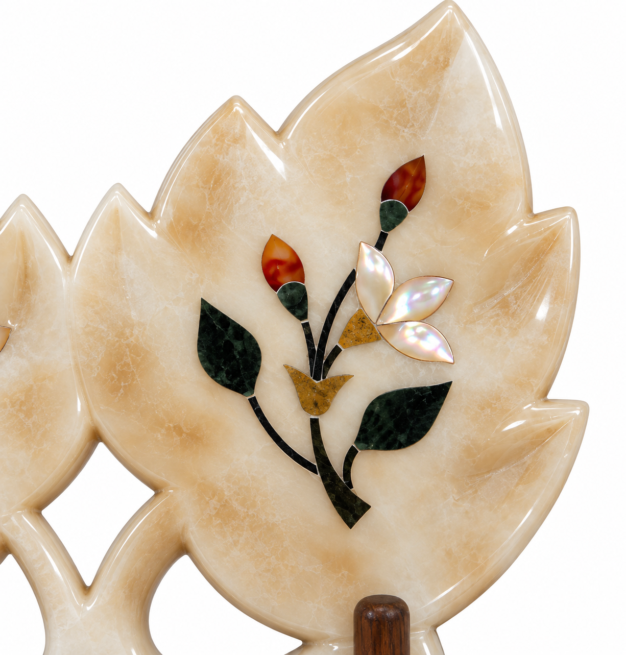 Handcrafted Alabaster White Marble Leaf Sculpture with Mother of Pearl & Gemstone Inlay