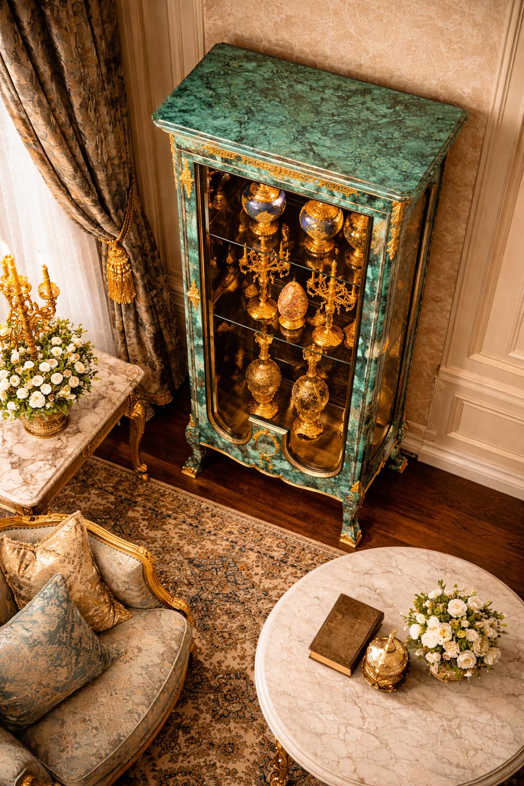 Handcrafted Malachite Display Cabinet with Gilded Brass Accents