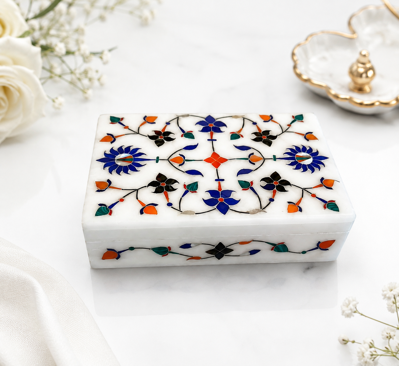 Natural White marble box from Agra, India, | Marble Pietra Dura Jewelry Store Box