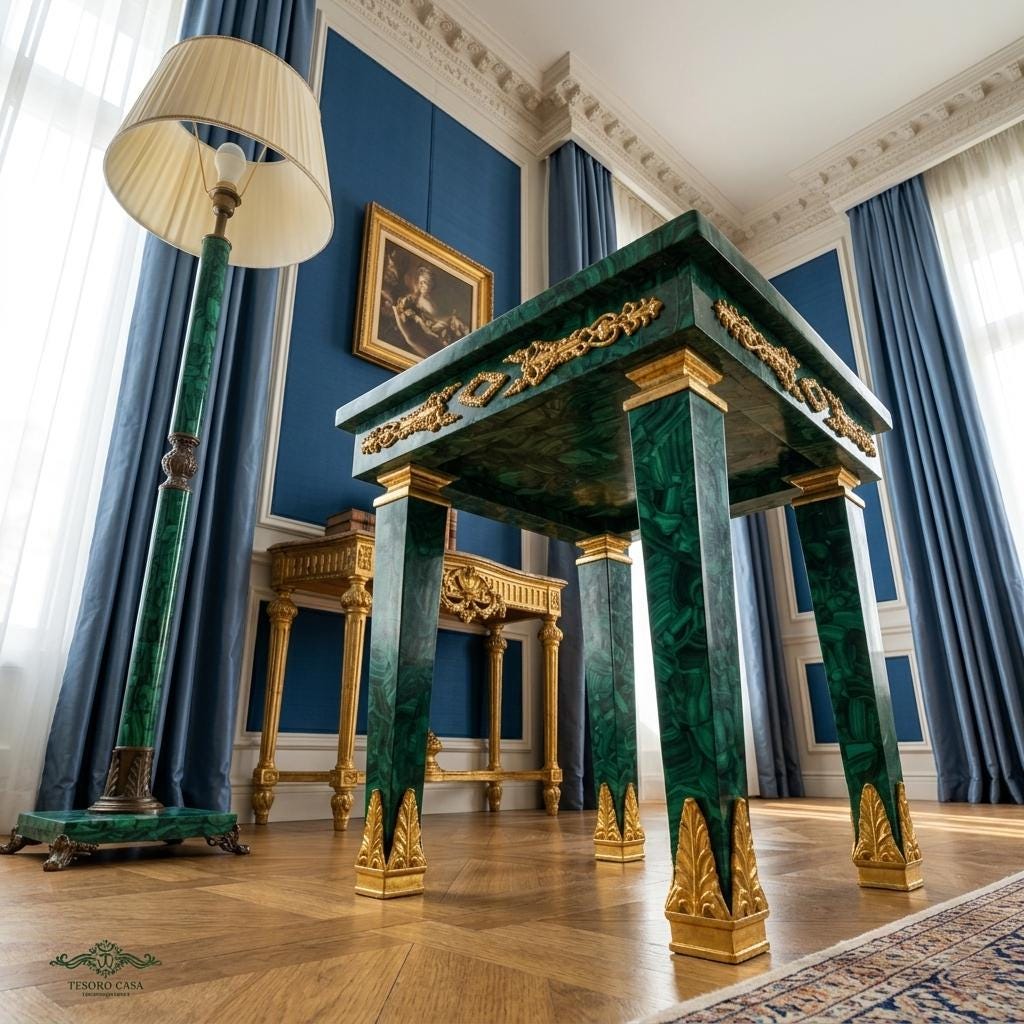 Malachite Majlis Side Table with Brass Gold Plating