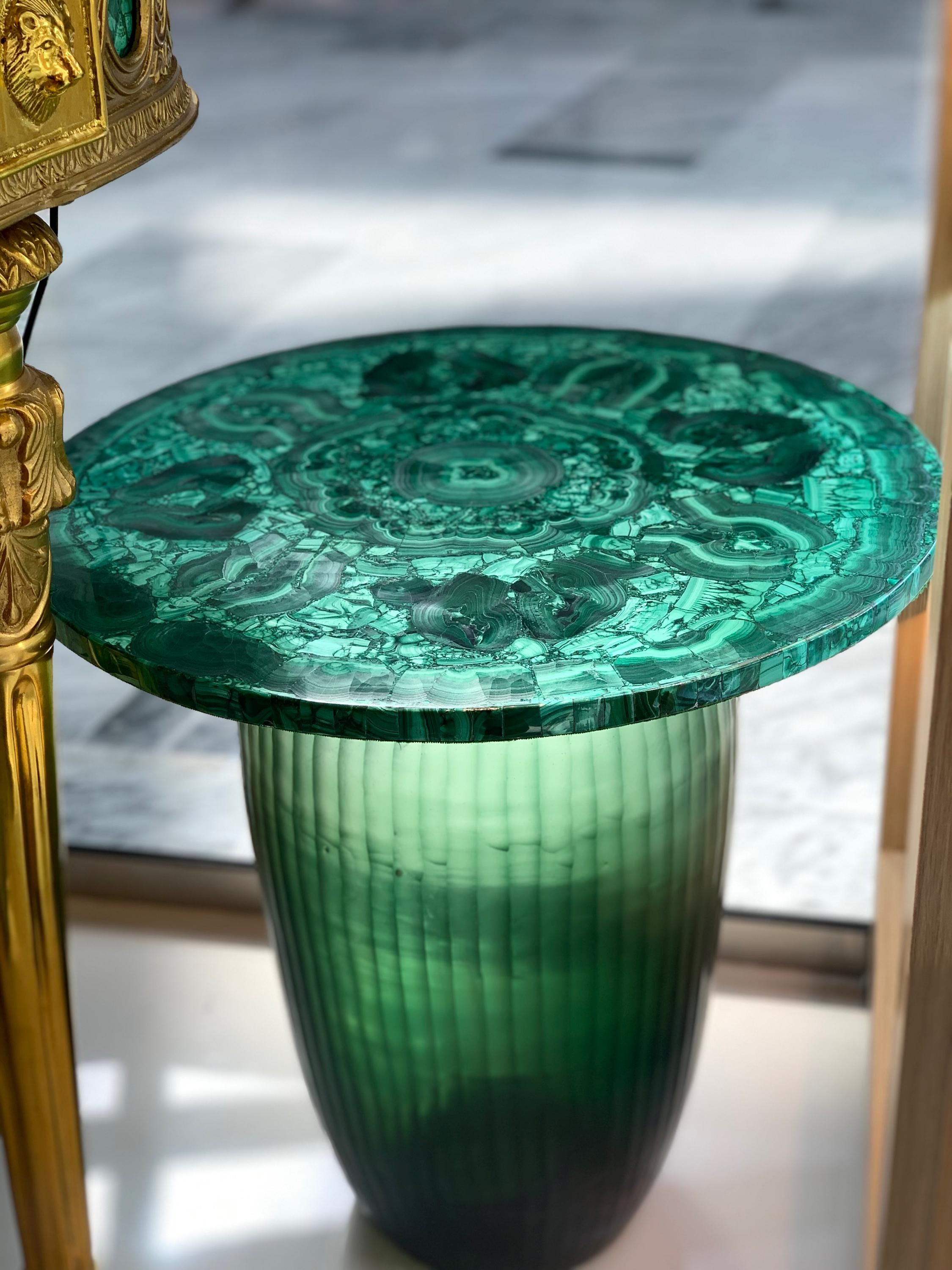 Handcrafted Malachite Gemstone Accent Table With Sculptural Green Glass Base