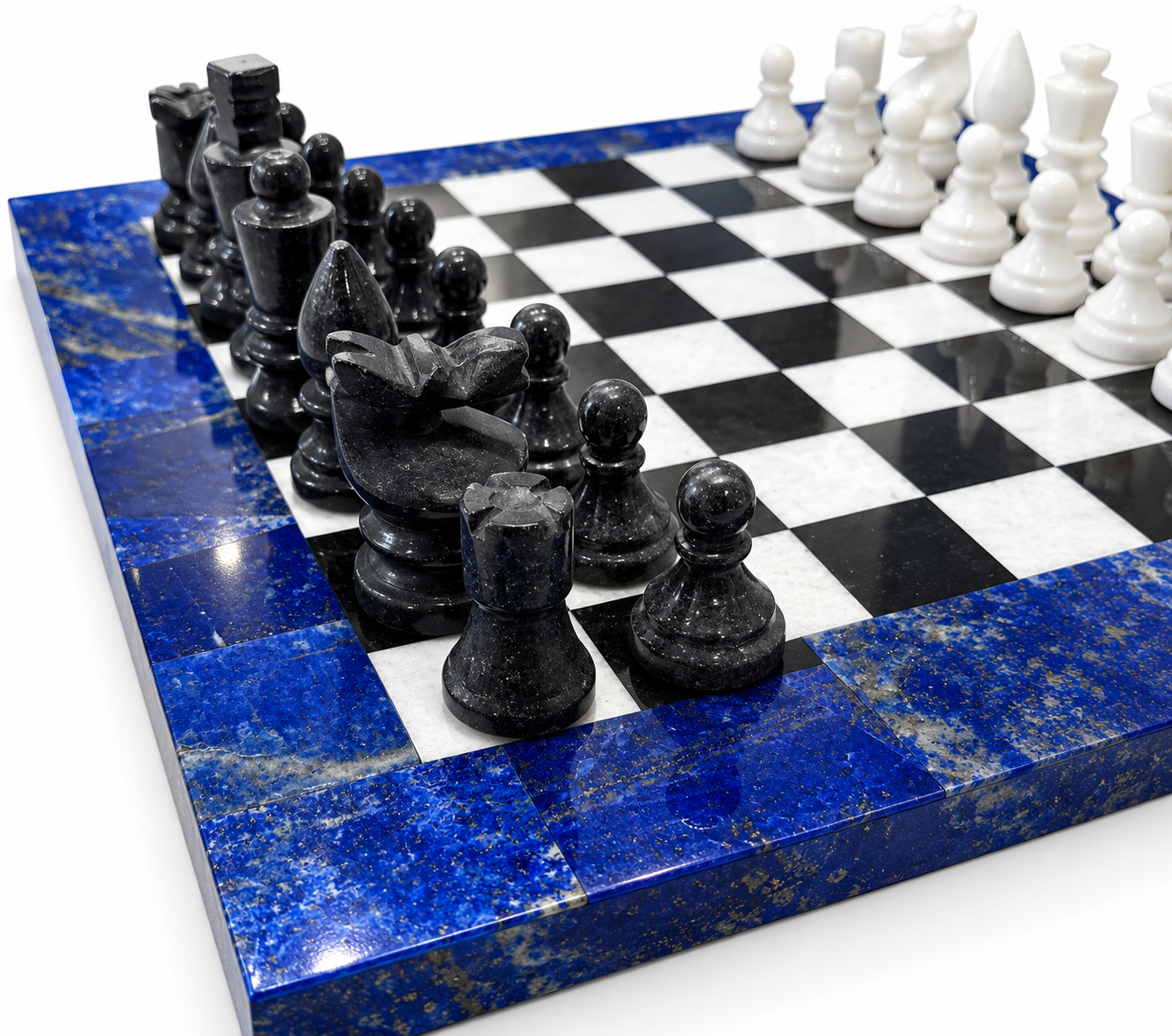 Handcrafted Lapis Lazuli Chess Set with Black & White Marble Inlay