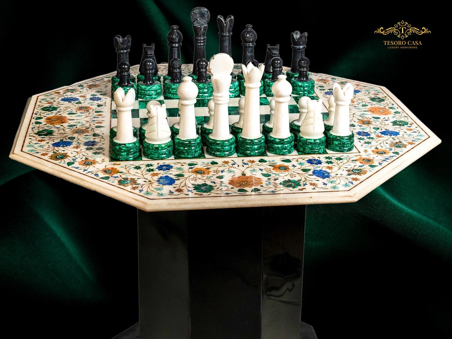 Luxury Marble Inlay & Malachite Chess Table | Handmade Gemstone Chessboard Table | Tesoro Casa