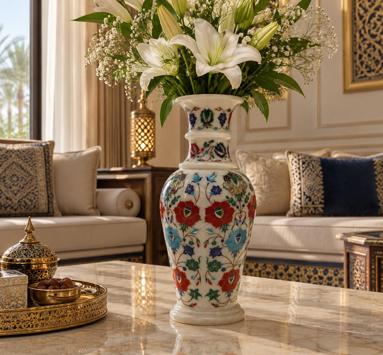 White Marble Floral Inlay Decorative Vase