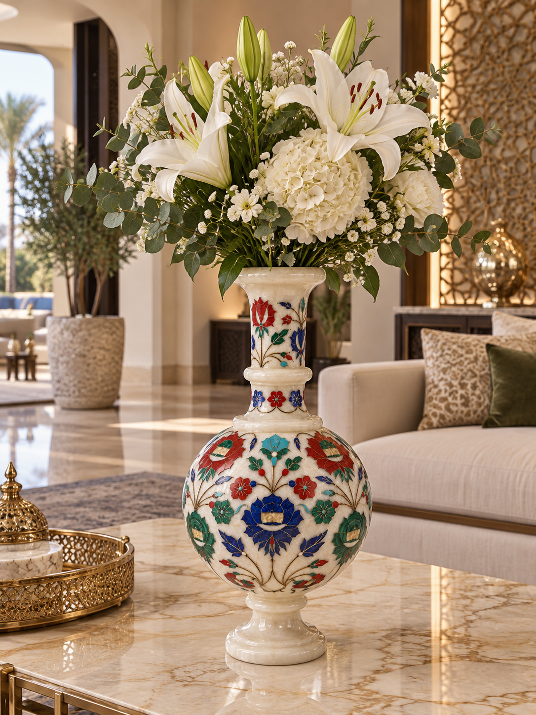 Handcrafted White Marble Inlay Decorative Urn with Floral Design