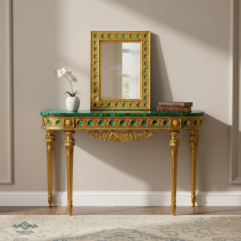 Luxury Malachite Console Table And Mirror Set Handmade Green Stone Furniture