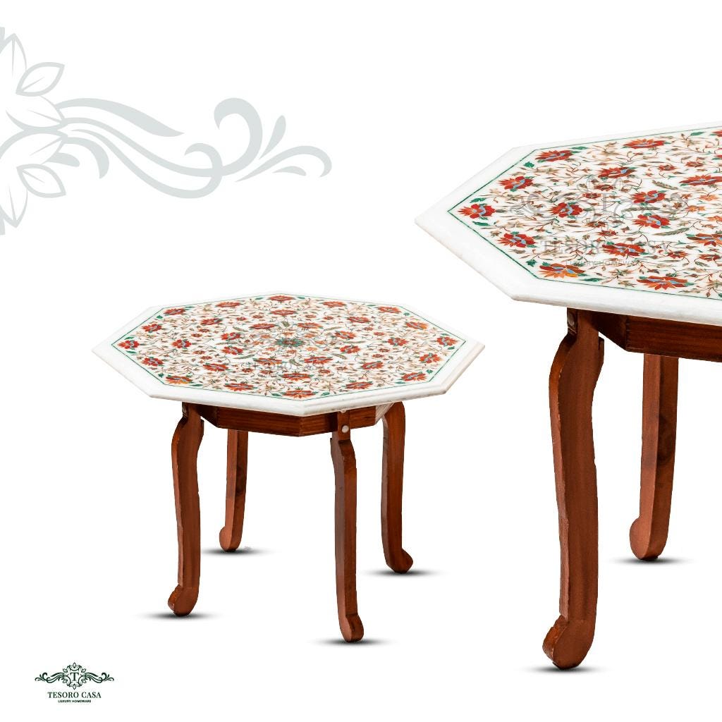 Handcrafted Pietra Dura Marble Inlay Accent Table
