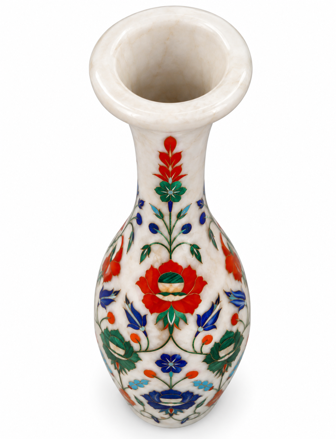 Luxury White Marble Inlay Vase with Multicolor Floral Design