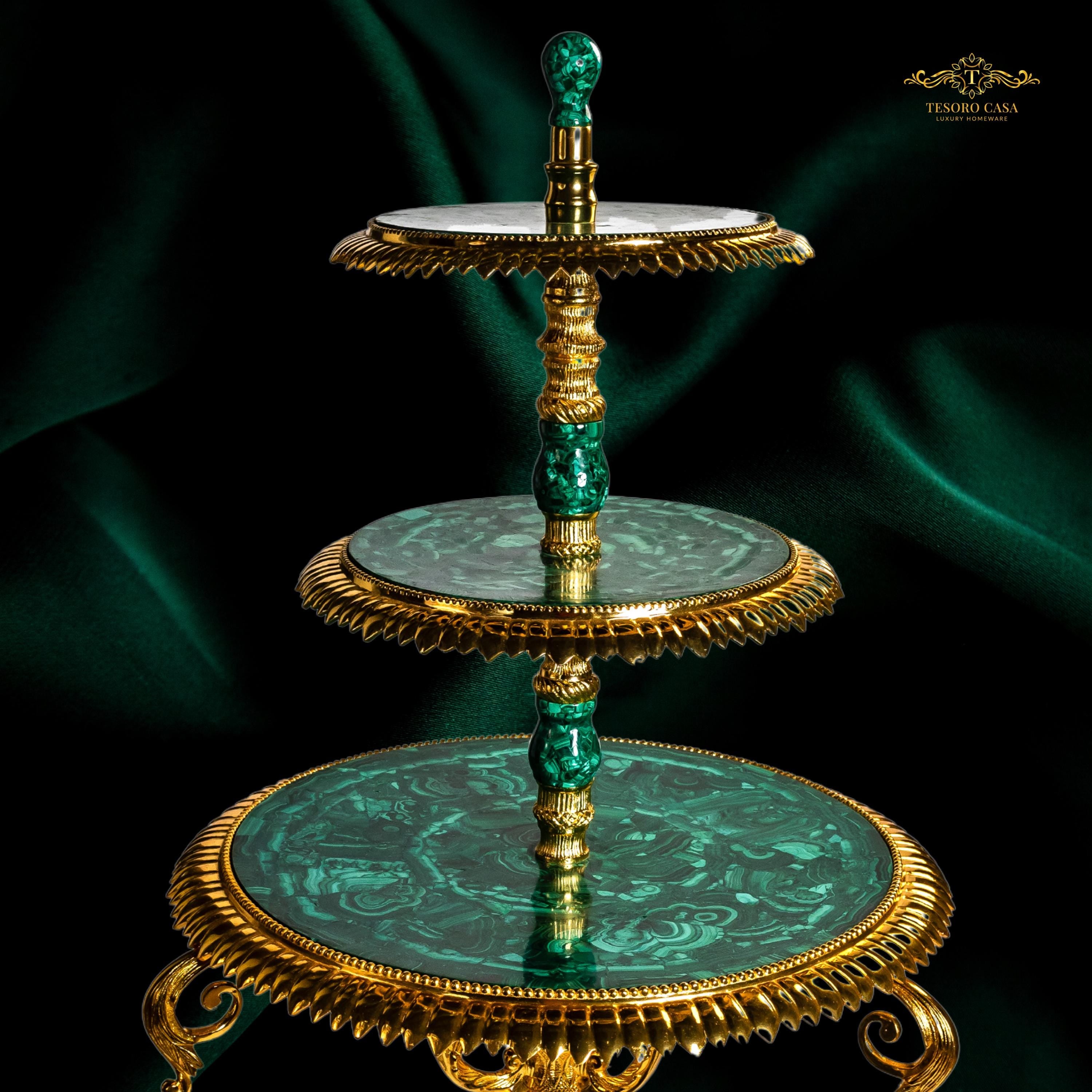 Handcrafted Malachite 3-Tier Decorative Serving Stand