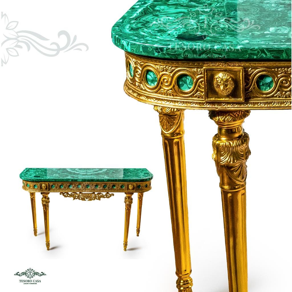 Luxury Malachite Console Table And Mirror Set Handmade Green Stone Furniture