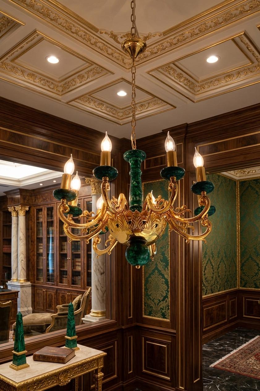 Malachite Small Chandelier with Gold Platted