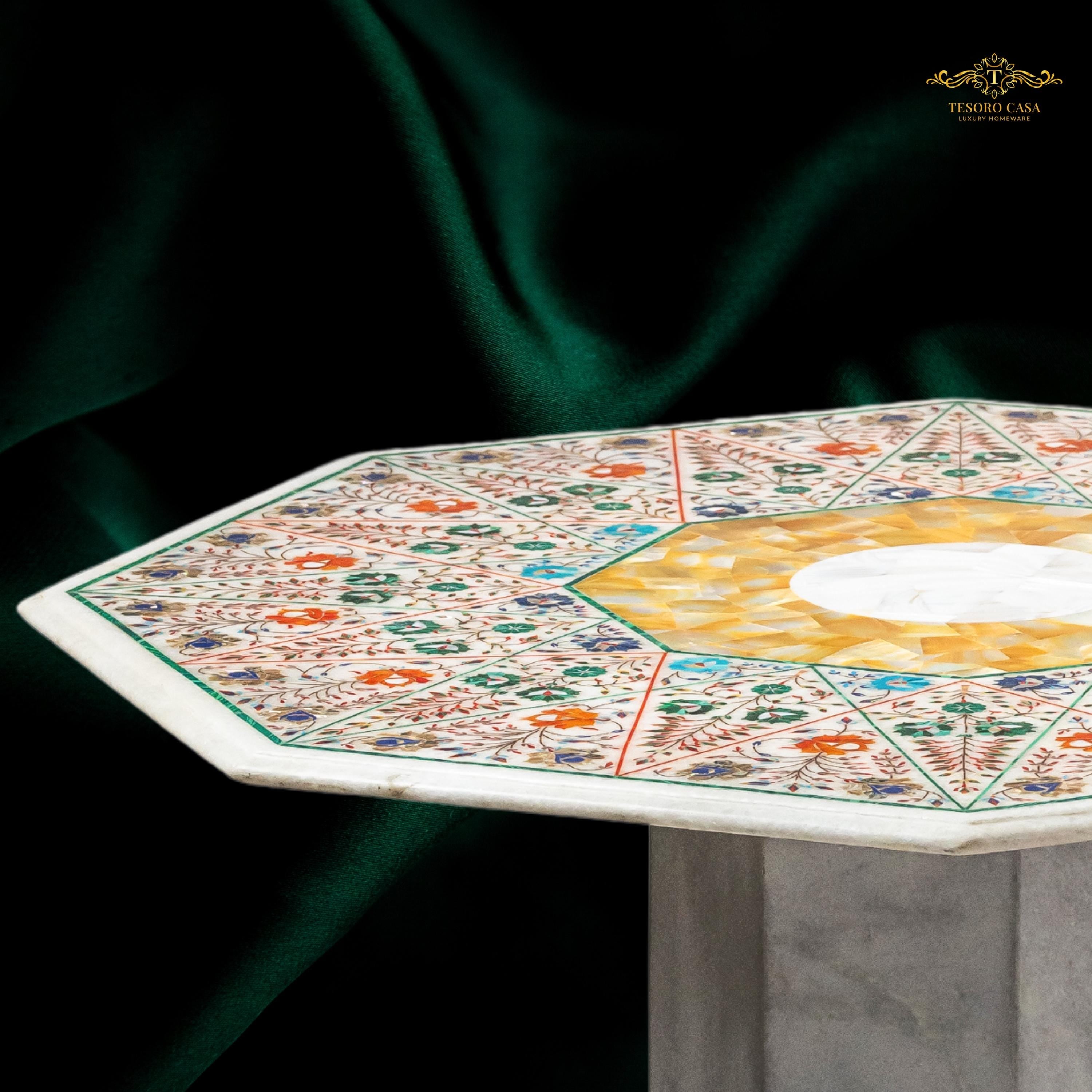 Pietra Dura Marble Dining Table with Yellow Mother of Pearl Inlay
