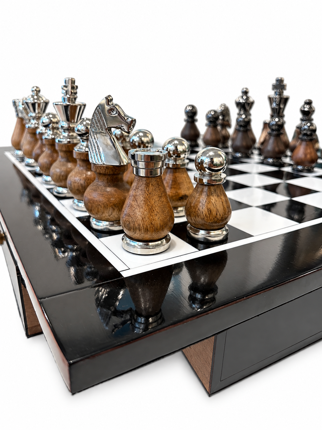 Handcrafted Marble Chess Set with Wooden & Silver Pieces