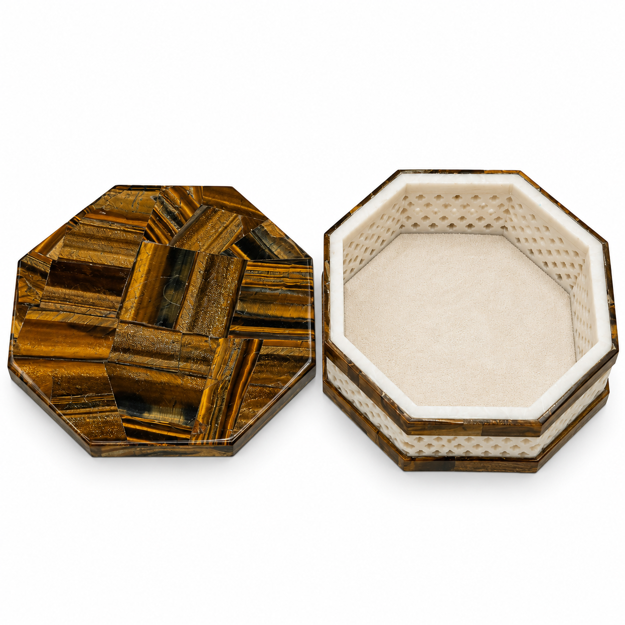 Luxury Tiger Eye & White Marble Hexagonal Jewelry Box