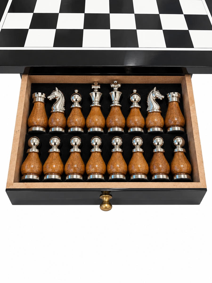 Handcrafted Marble Chess Set with Wooden & Silver Pieces