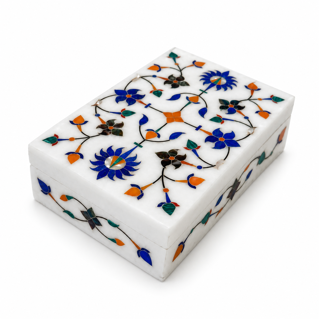 Handcrafted White Marble Pietra Dura Jewellery Box with Floral Inlay