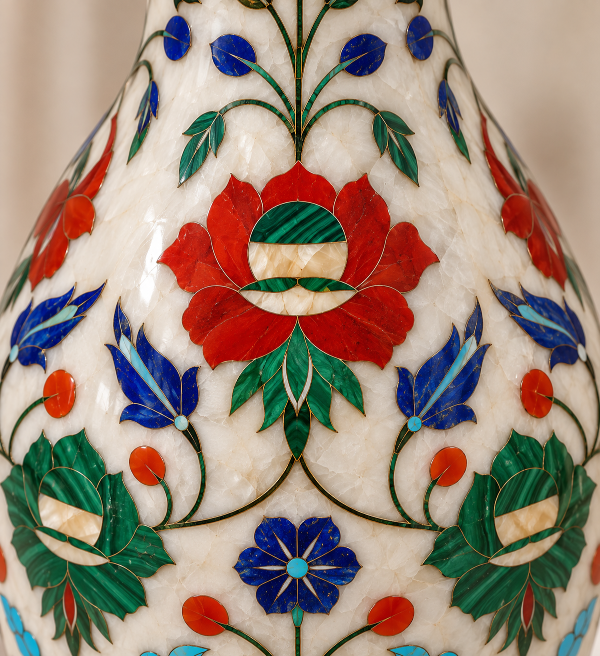 Luxury White Marble Inlay Vase with Multicolor Floral Design