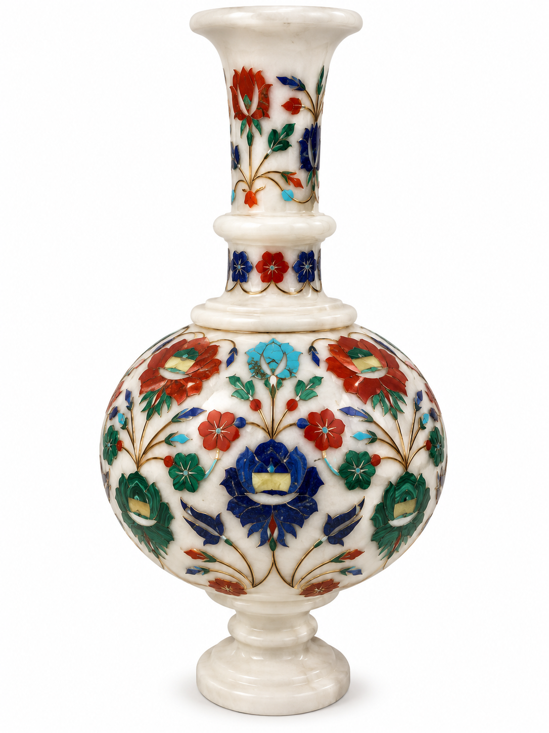 Handcrafted White Marble Inlay Decorative Urn with Floral Design