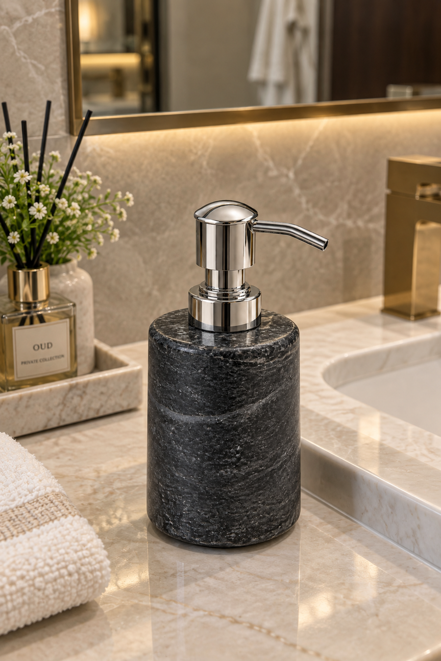 Black Natural Stone Soap Dispenser with Metal Pump