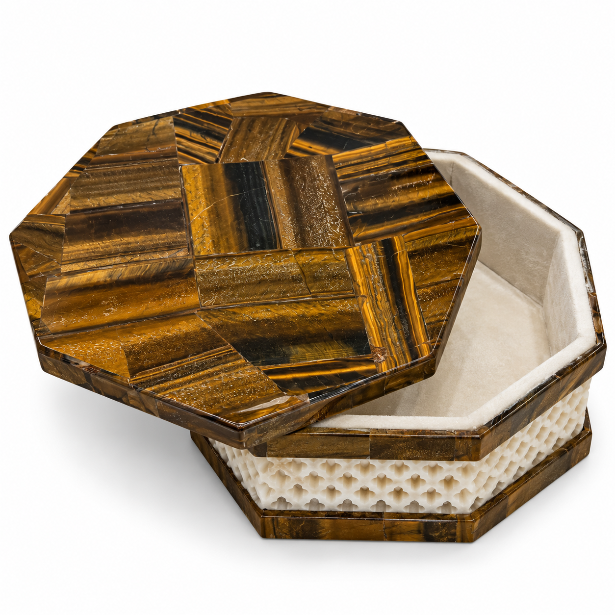 Luxury Tiger Eye & White Marble Hexagonal Jewelry Box