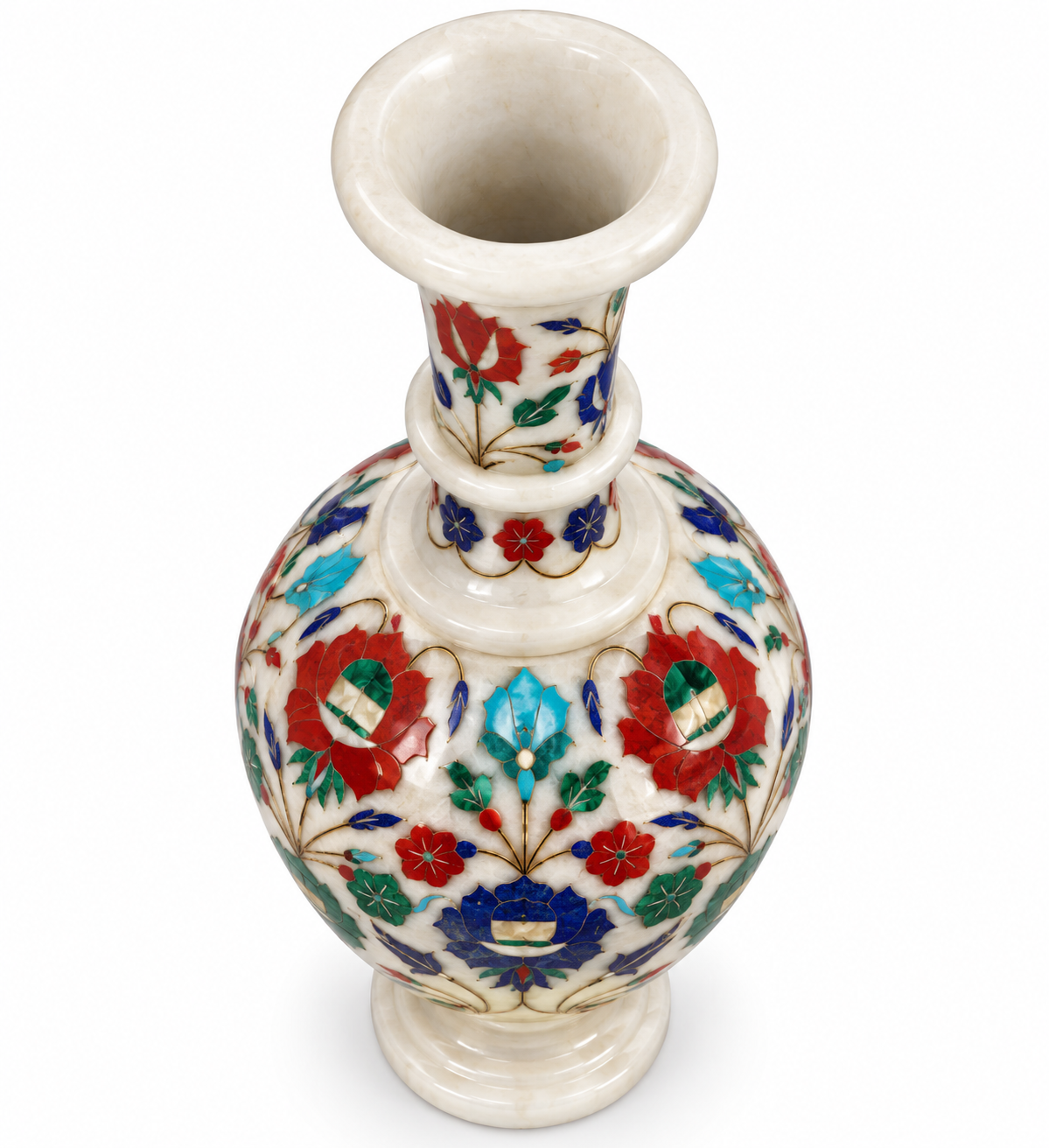Handcrafted White Marble Inlay Decorative Urn with Floral Design