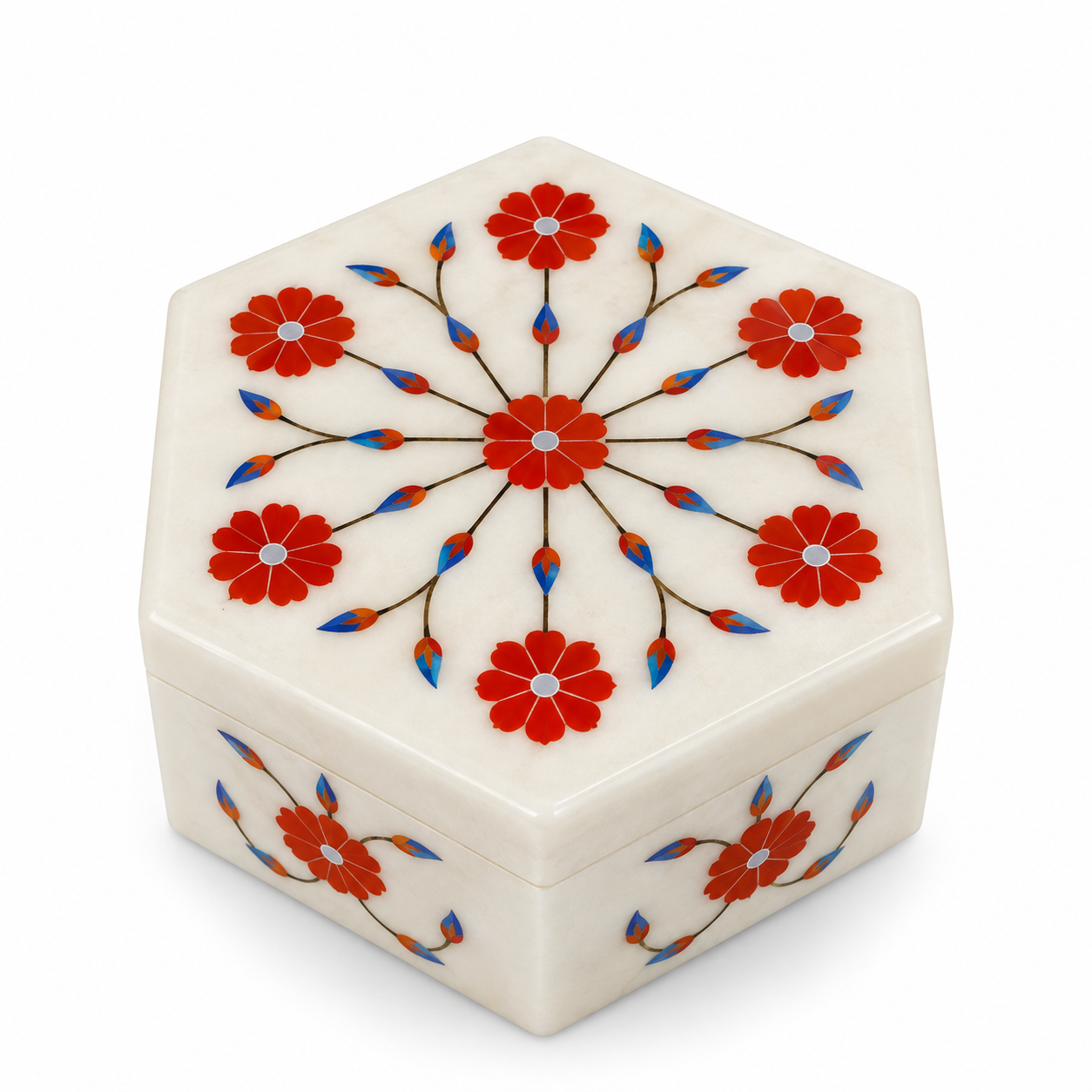 Luxury White Marble Inlay Jewelry Box with Red Floral Design