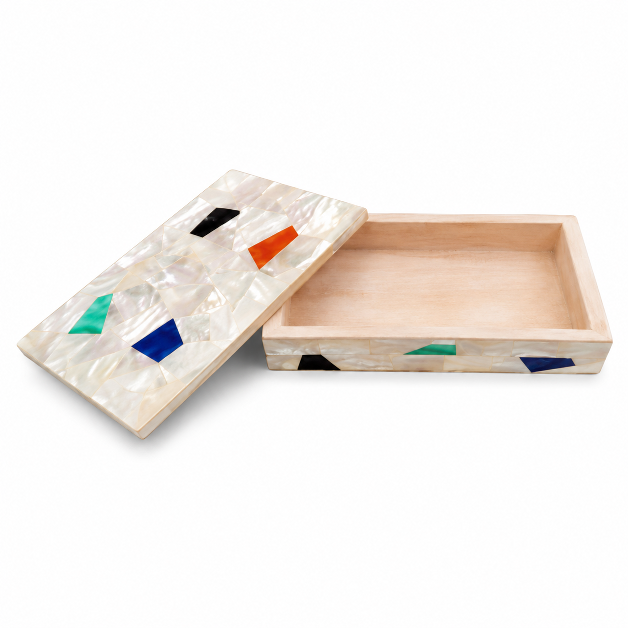 Handcrafted Mother of Pearl Mosaic Decorative Storage Box. With Semi Precious Stone Design