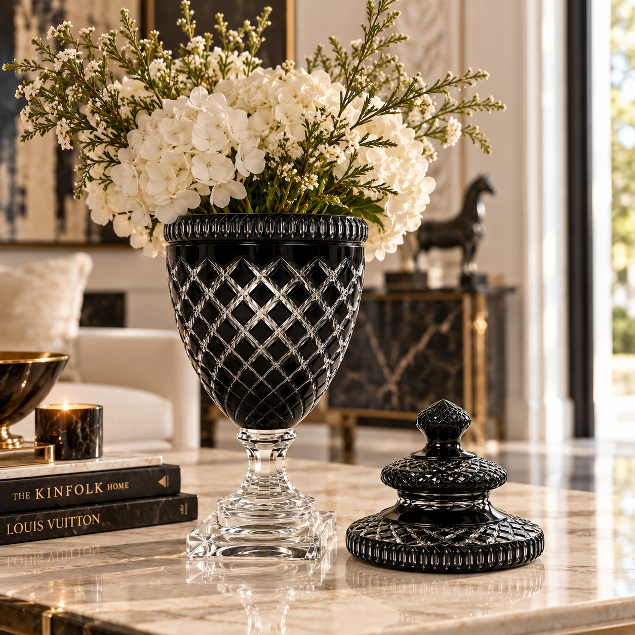 Luxury Black Glass Decorative Jar with Lid & Faceted Crystal-Style Base