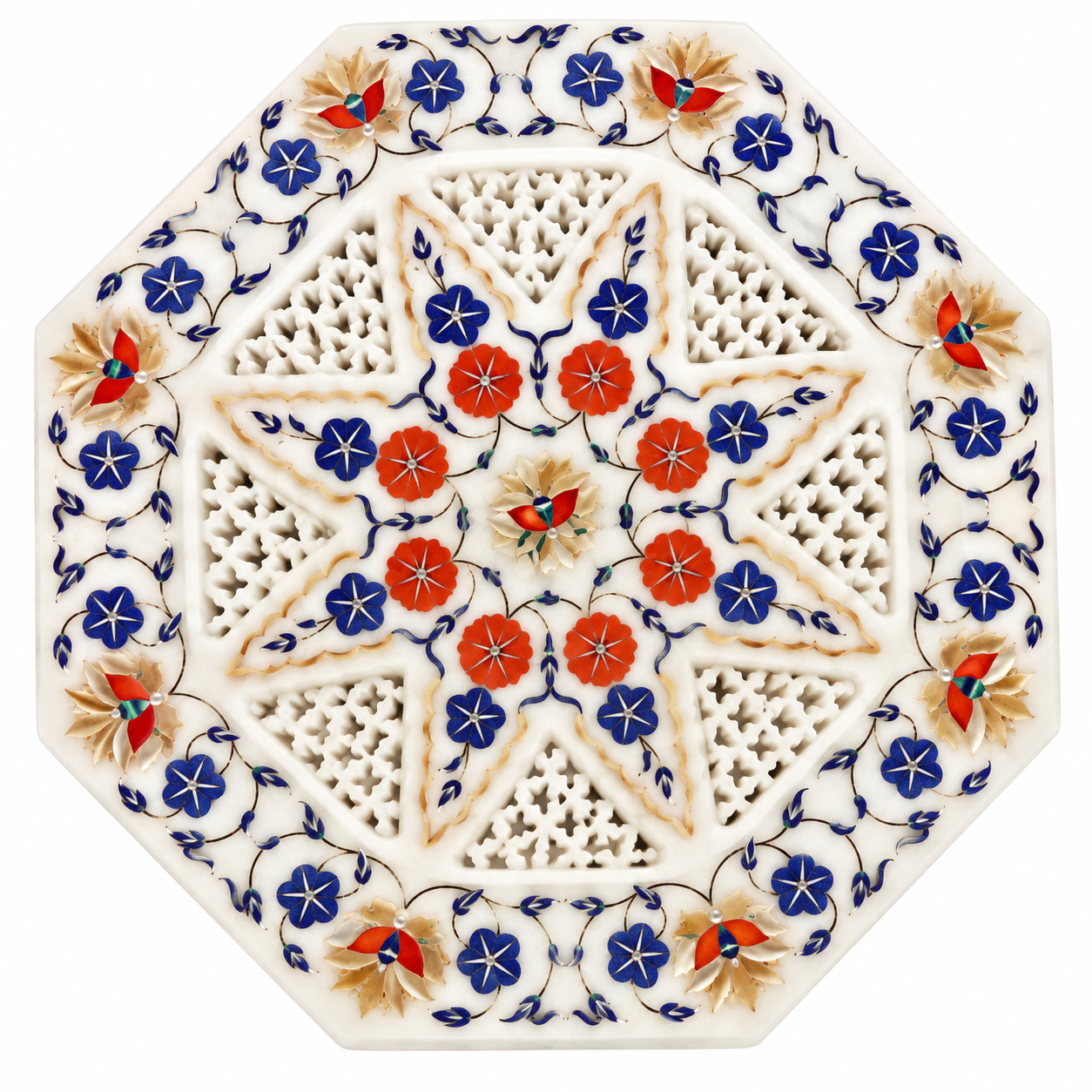 Octagonal White Marble Inlay Jewelry Box with Multicolor Floral Design
