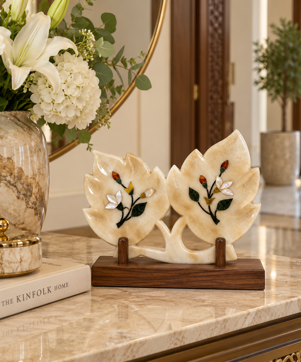 Handcrafted Alabaster White Marble Leaf Sculpture with Mother of Pearl & Gemstone Inlay
