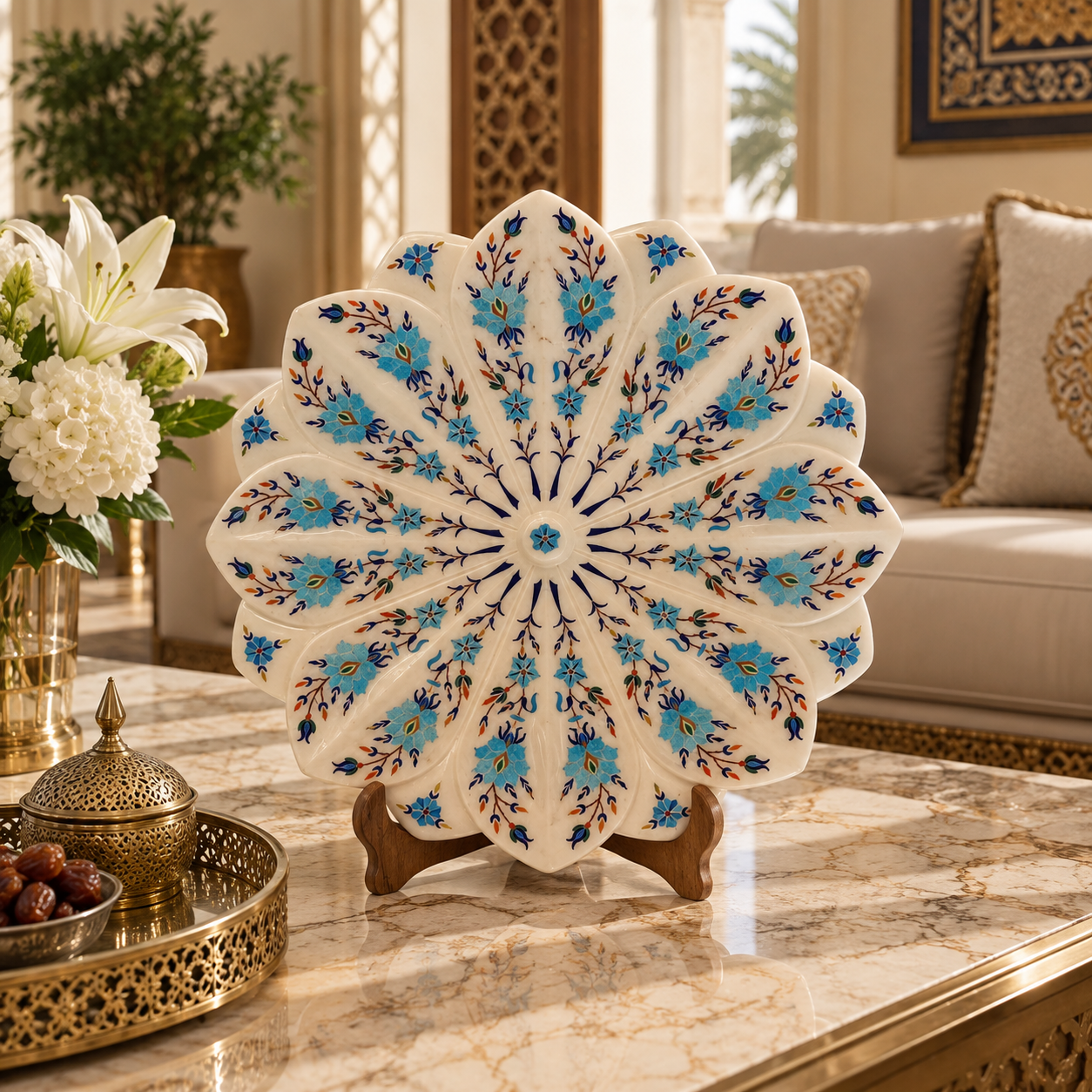 White Marble Floral Inlay Decorative Plate