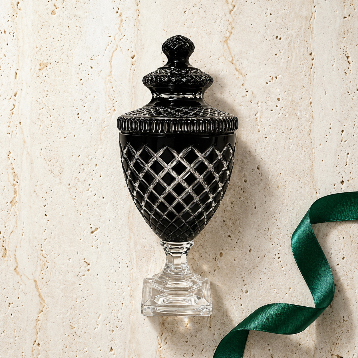 Luxury Black Glass Decorative Jar with Lid & Faceted Crystal-Style Base