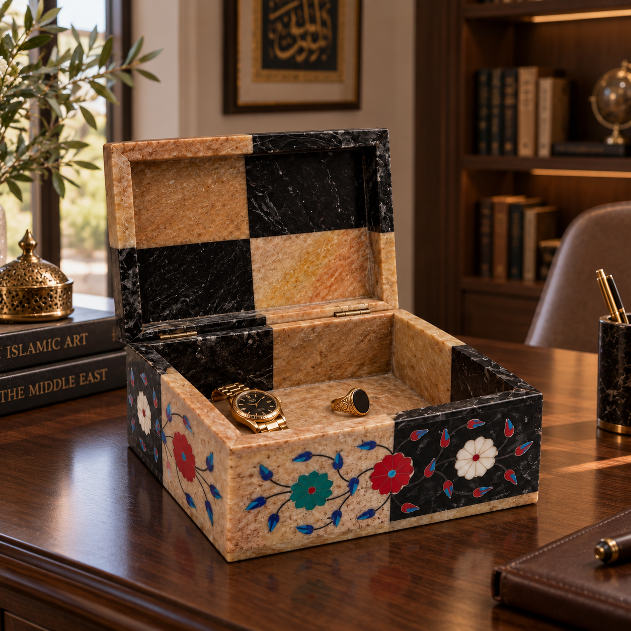 Handcrafted Black & Beige Soft Stone Inlay Jewelry & Storage Box