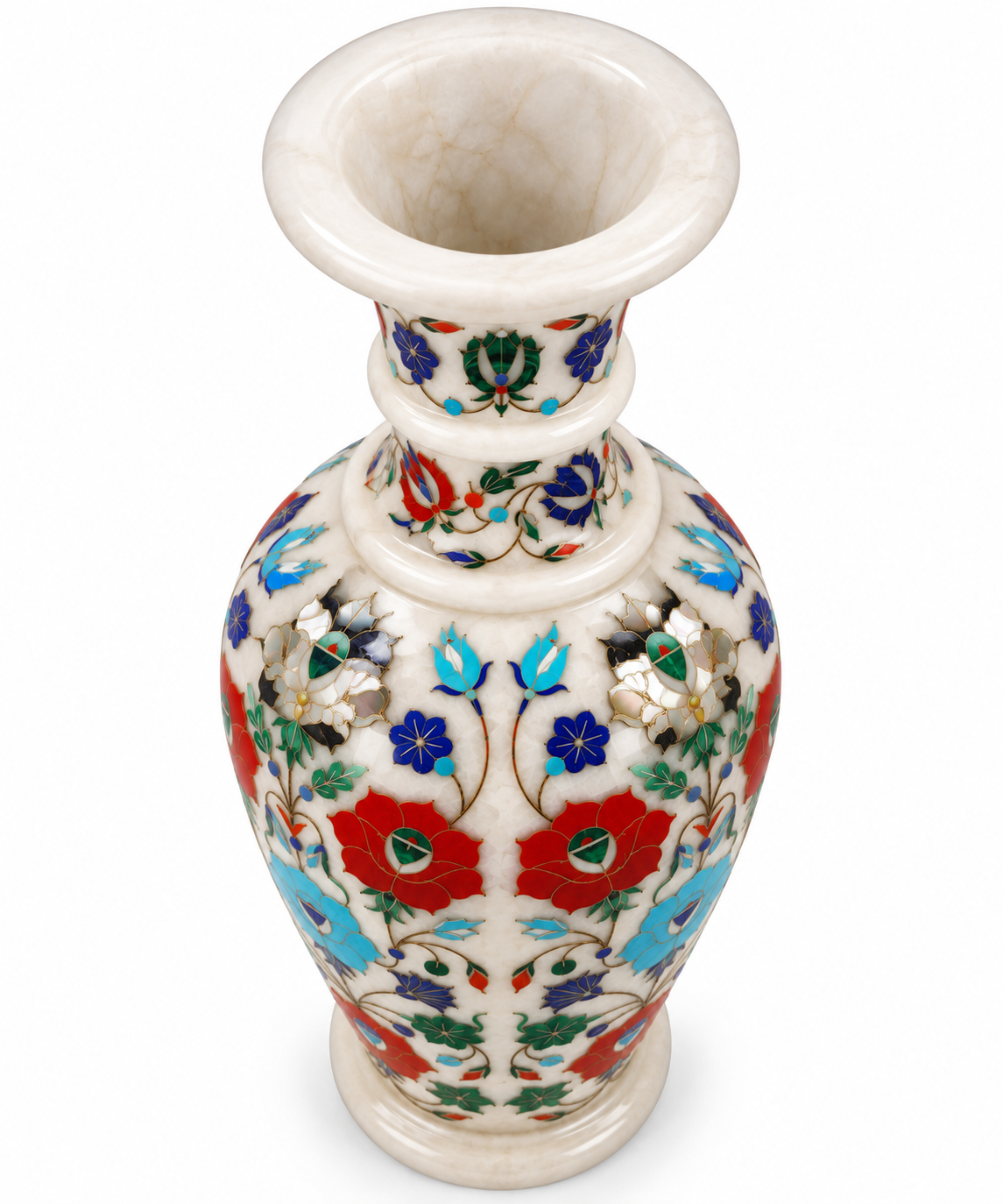 White Marble Floral Inlay Decorative Vase