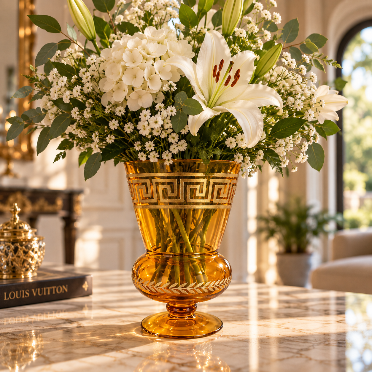 Luxury Amber Glass Flower Vase with Pedestal Stand & Greek Key Detailing