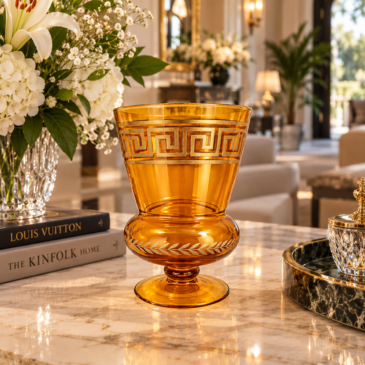 Luxury Amber Glass Flower Vase with Pedestal Stand & Greek Key Detailing