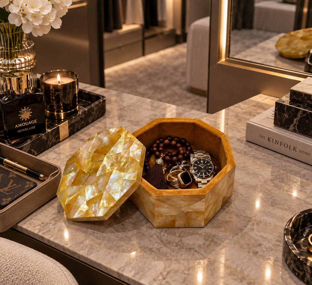Handcrafted Hexagonal Stone Jewelry Box for Luxury Décor
