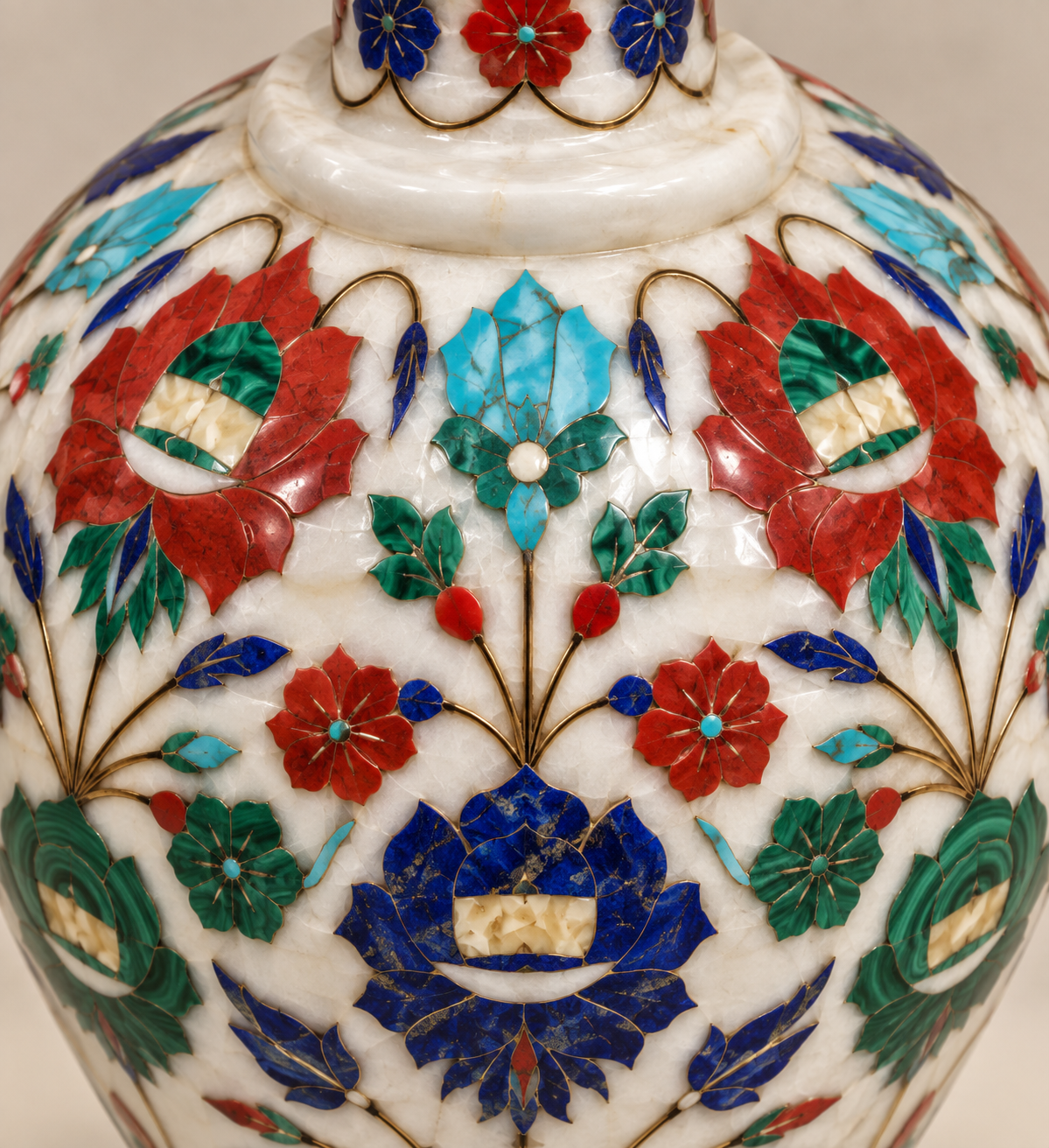 Handcrafted White Marble Inlay Decorative Urn with Floral Design