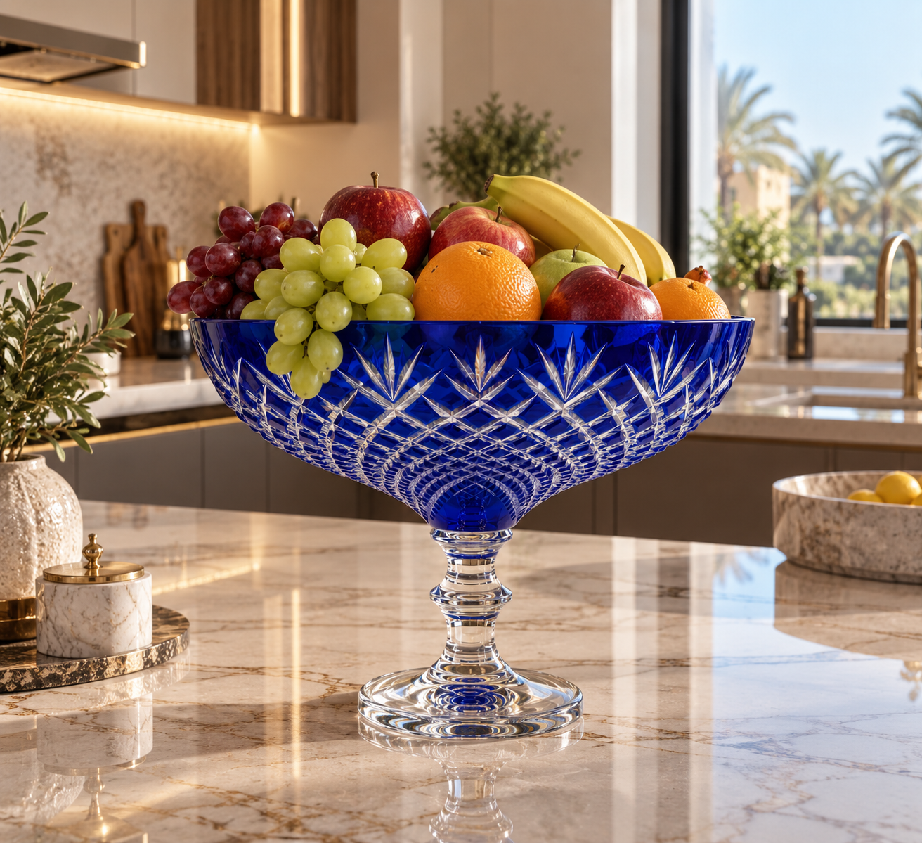 Blue Cut Glass Pedestal Decorative Bowl