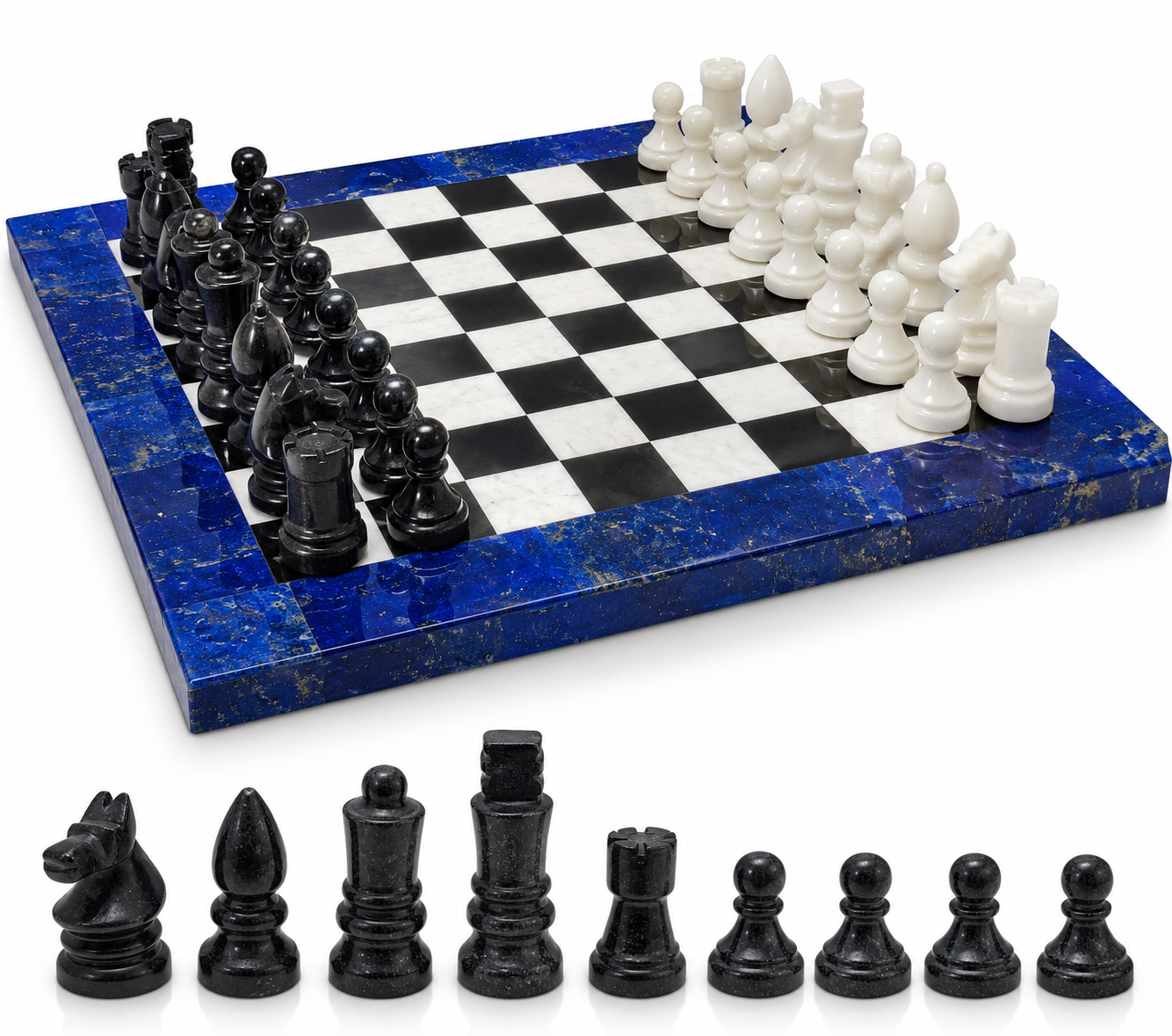Handcrafted Lapis Lazuli Chess Set with Black & White Marble Inlay