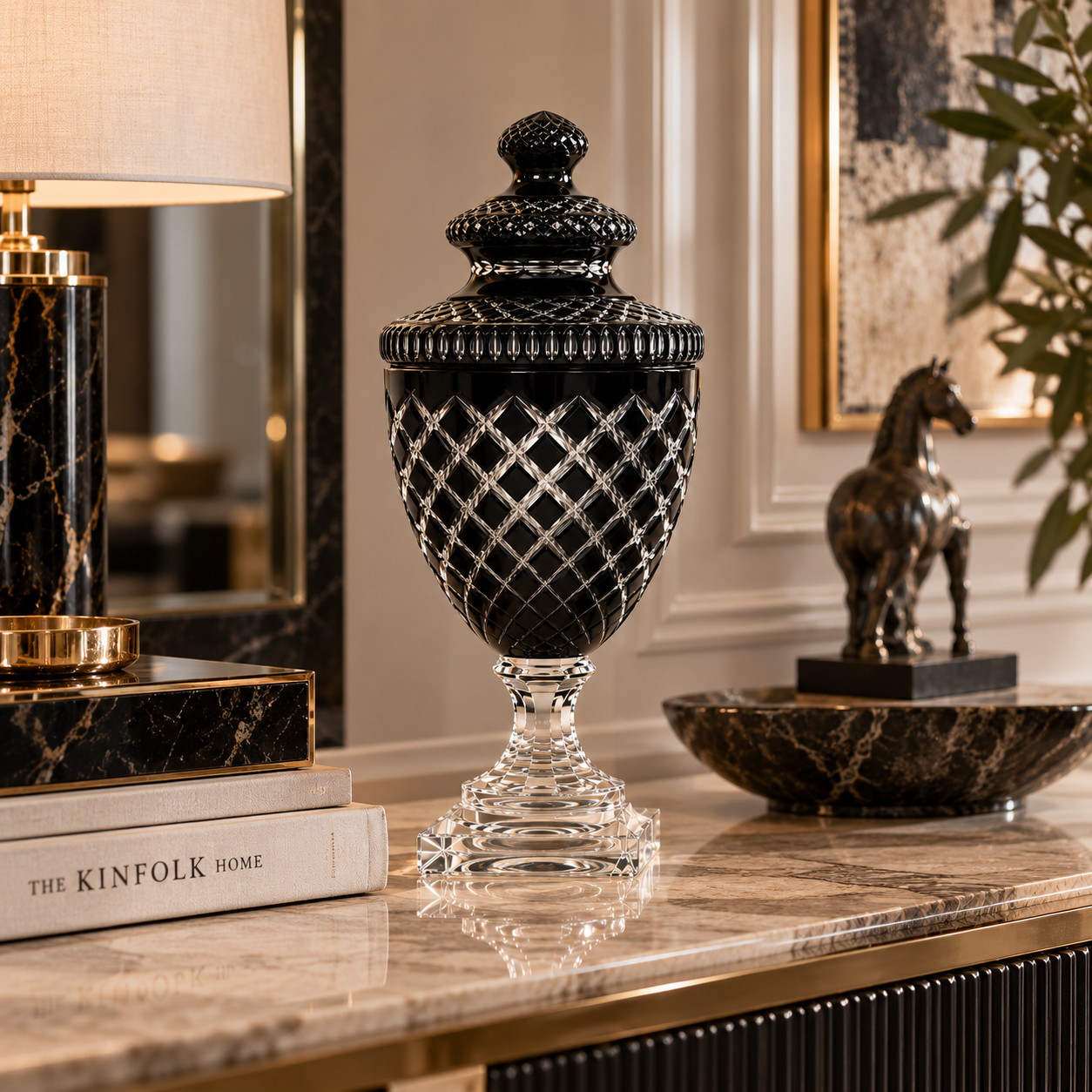 Luxury Black Glass Decorative Jar with Lid & Faceted Crystal-Style Base