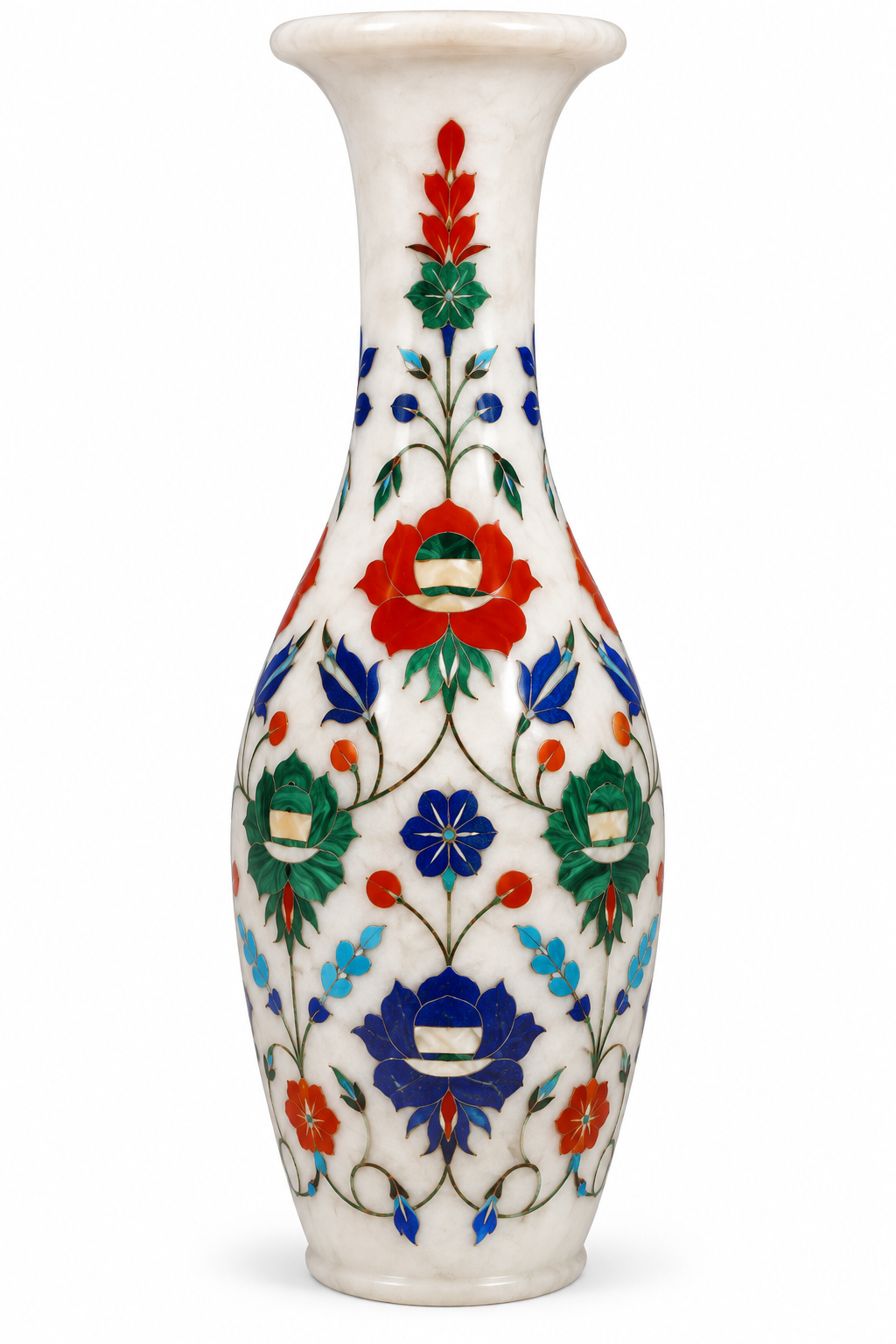 Luxury White Marble Inlay Vase with Multicolor Floral Design