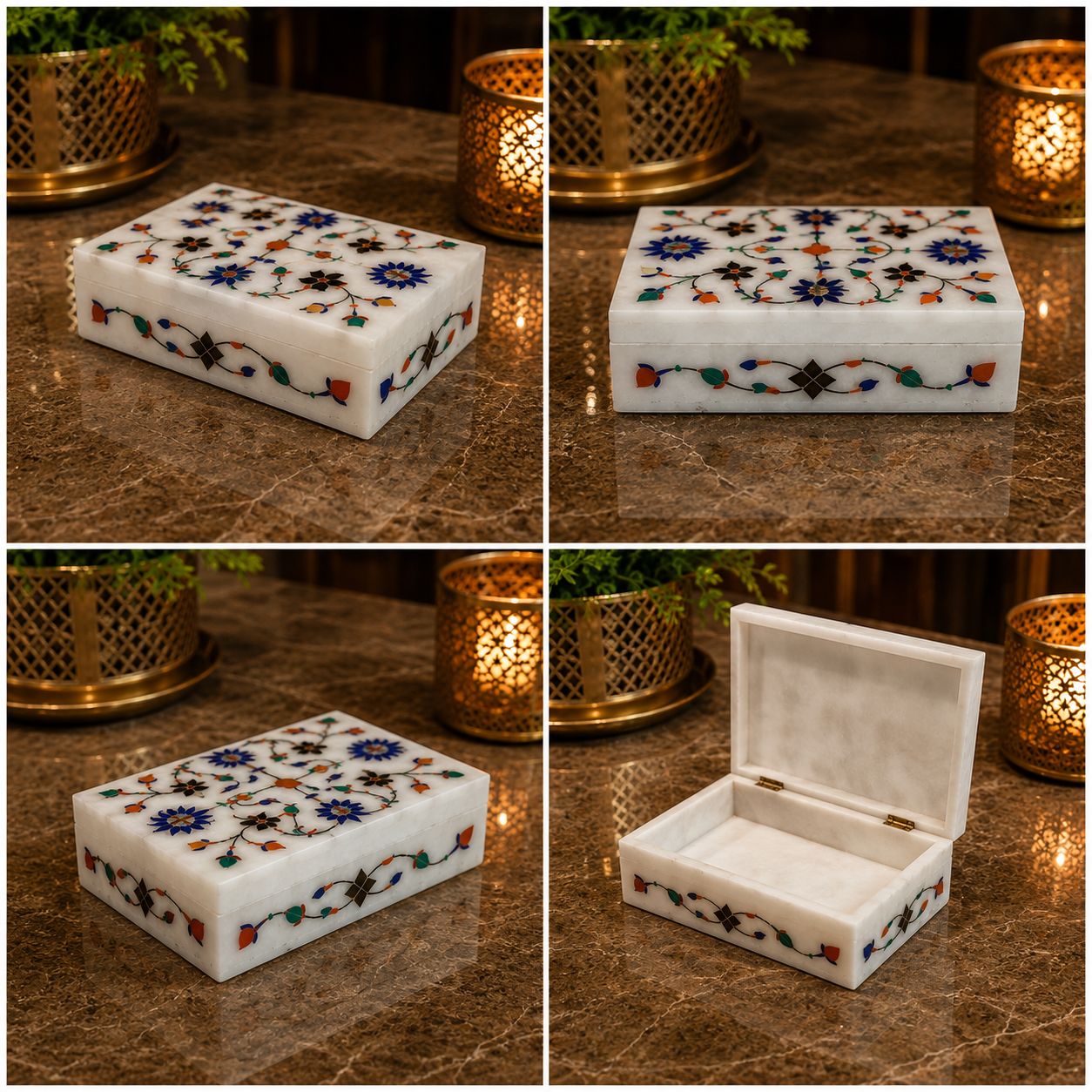 (6"x4"x2")Handmade White Marble Inlay Jewellery Box, Floral Pietra Dura jewellery storage Box