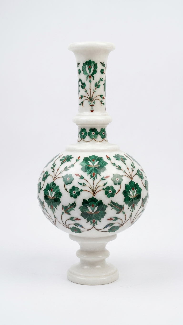 Luxury Handcrafted Marble Inlay Vase with Green Floral Stone Art